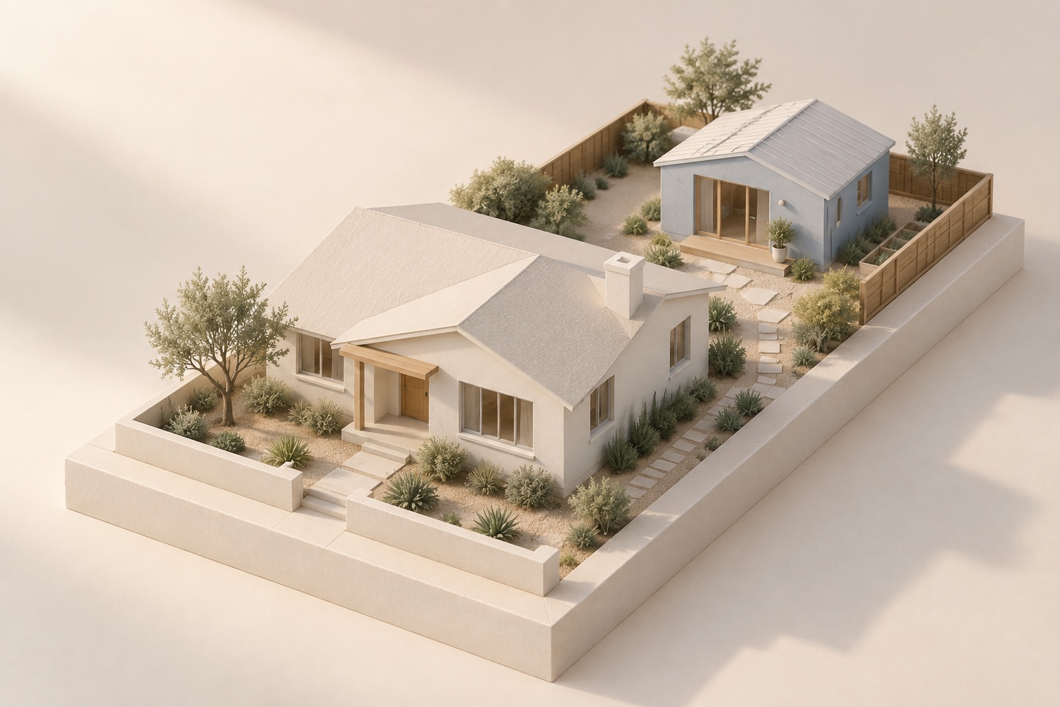 Concept model of a home and backyard ADU.